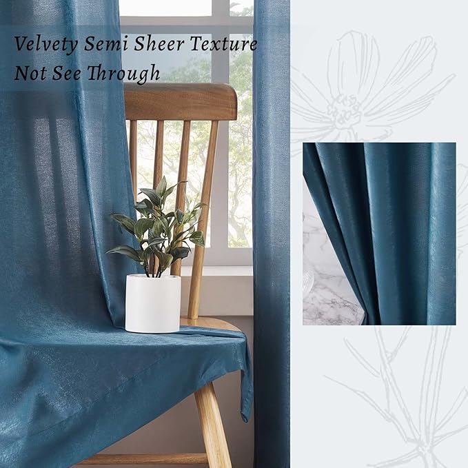Melodieux Dark Blue Velvety Semi Sheer Curtains 96 Inch Length for Bedroom, Living Room Natural Cotton Texture Rod Pocket Window Sheer Drapes, 52 by 96 Inch (2 Panels)
