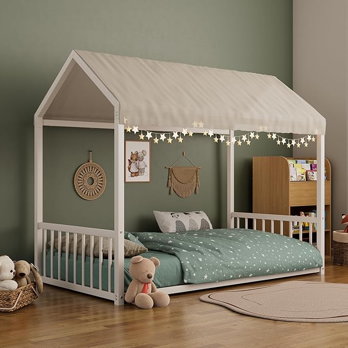 Montessori Style Metal Floor Bed Frame, House Shaped Bed with Vertical Safety Guardrails for Kids and Toddlers, Easy Assemble, No Slats, Twin Size, White