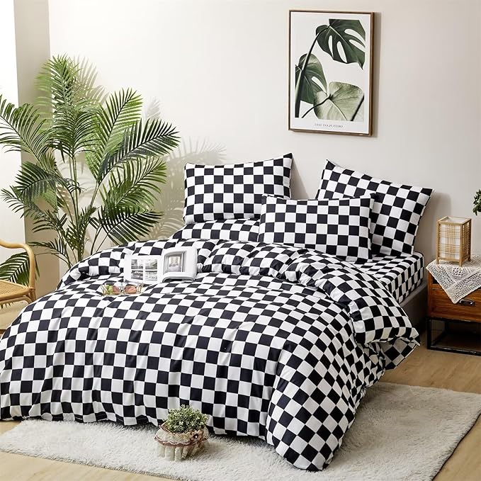 Houseri Black and White Duvet Cover Queen Plaid Black Grid Duvet Covers Queen Size Teen Boys Men Modern Black White Checkerboard Bedding Duvet Cover Full Black Buffalo Checkered Bedding Sets Queen