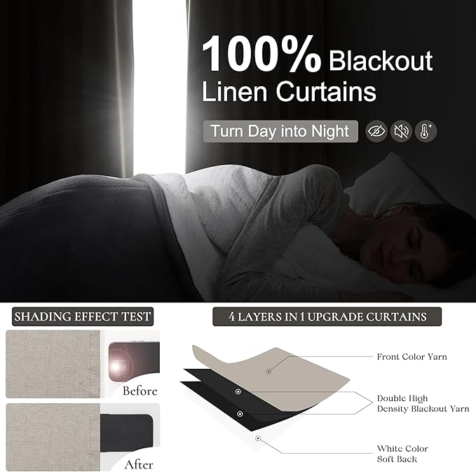 Full Blackout Taupe 102 Inch Long Curtains for Sliding Glass Doors 2 Panels Set, Rustic Country Linen Blend Greyish Flax Heavy Burlap Drapes Pin Hooks&Rings Back Tab Large Window Curtain (50"Wx102"L)