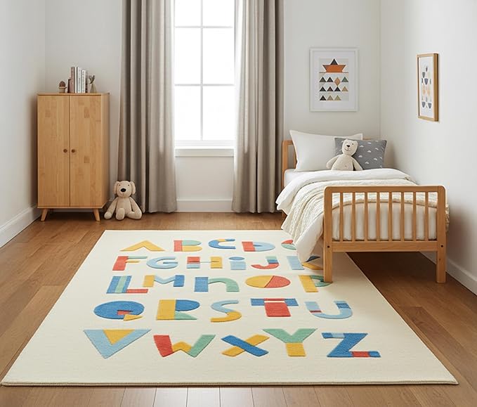 Alphabet Area Rug – 5’ x 8' – Handmade Wool Area Rugs –Beige – Rugs for Living Room, Bedroom – Anti-Skid – Carpets with Non-Slip Natural Backing with 100% Cotton