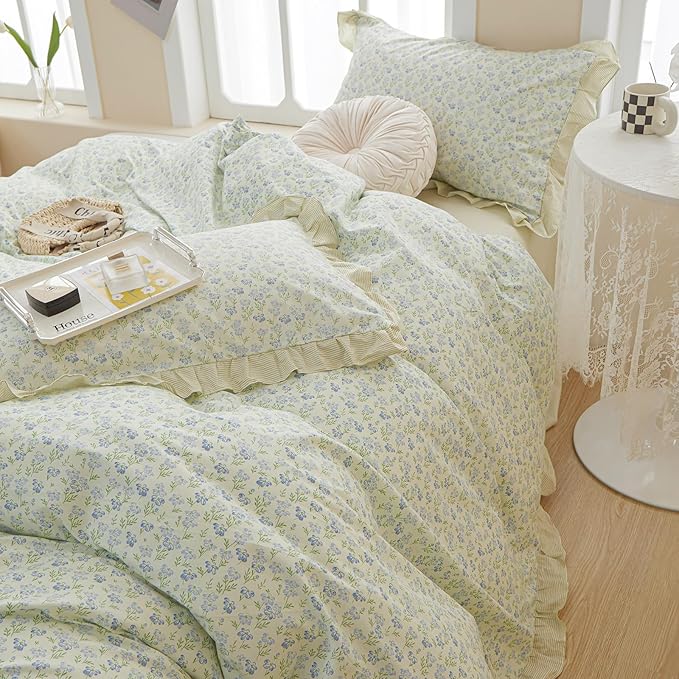 Ruffle Duvet Cover Queen Garden Style Lace Duvet Cover Soft Cotton Vintage Floral Blue Flower Bedding Set Romantic Ruffle Comforter Cover Princess Lace Bedding Botanical Comforter Cover Queen Size