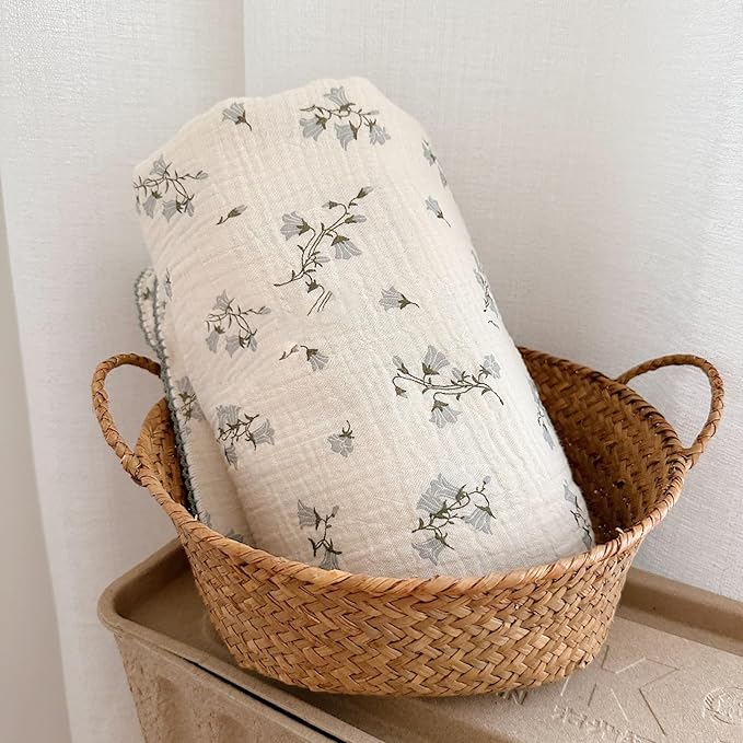 BuLuTu Large Muslin Toddler Blanket for Boys Girls Baby Bed Blankets Floral Print Swaddle Blankets Soft Breathable Toddler Crib Quilt, All Seasons,Hyacinth Pattern,47"x51"