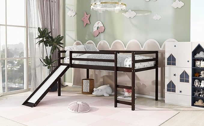Loft Twin Bed Frame for Boys Girls Kids Toddler with Slide, Multifunctional Design, Twin (Espresso)