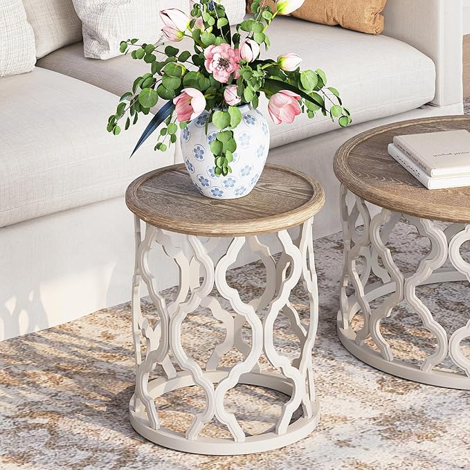 karlott Farmhouse End Table, 18.5'' French Country Round Side Table, Distressed Tray Top Side Table with Curved Motif Frame Base for Boho, End Tables Living Room, Bedroom, Small Space, Easy Assembly