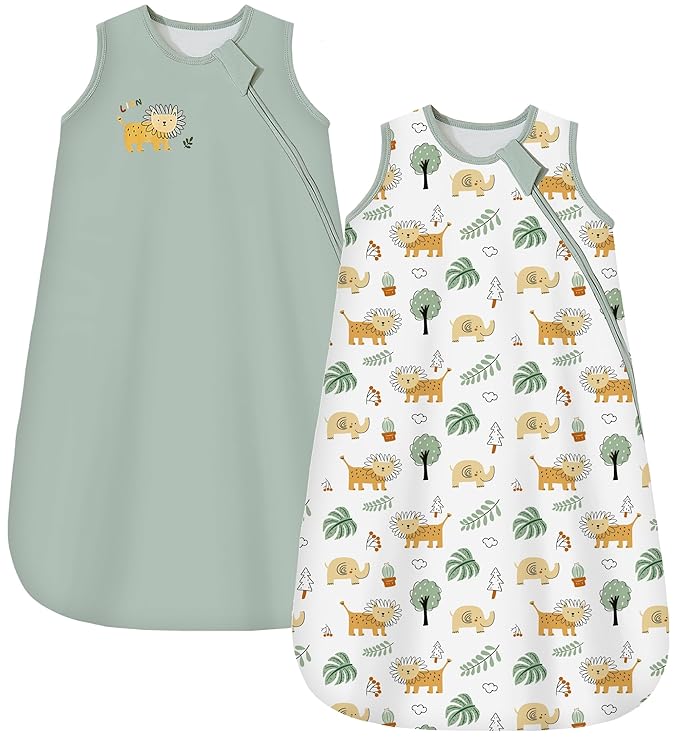 Baby Sleep Sack 0-6 Months 1.0 TOG, 100% Cotton Baby Wearable Blanket with 2-Way Zipper, Infant Toddler Sleeping Sack for Newborn Boys and Girls, Green & Lion