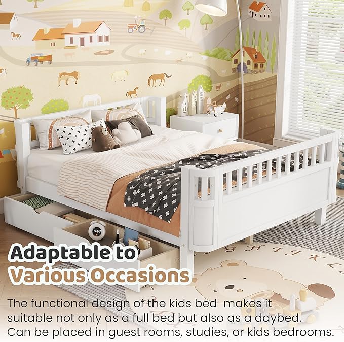 Full Size Kids Bed Frame with Rails, Wood Montessori Bed Full with 2 Storage Drawers &Slats Support, Modern Daybed with Removable Bed Rails for Girls Boys Bedroom Living Room, White