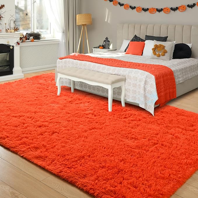 Merelax Soft Fluffy Shaggy Rug for Livingroom Bedroom, Orange Red Christmas Rugs for Home Holiday Decor, Large Non-Slip Plush Furry Fur Area Rugs Comfy Kids Room Modern Accent Floor Carpet 6x9 Feet
