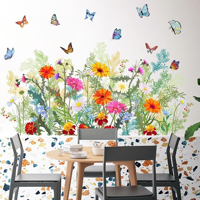 Colorful Floral Wall Stickers Flowers Daisy Butterfly Wall Decals for Living Room, Vivid Flowers Vine Decor Posters Chrysanthemum Art Murals Removable Home Decorations Stickers