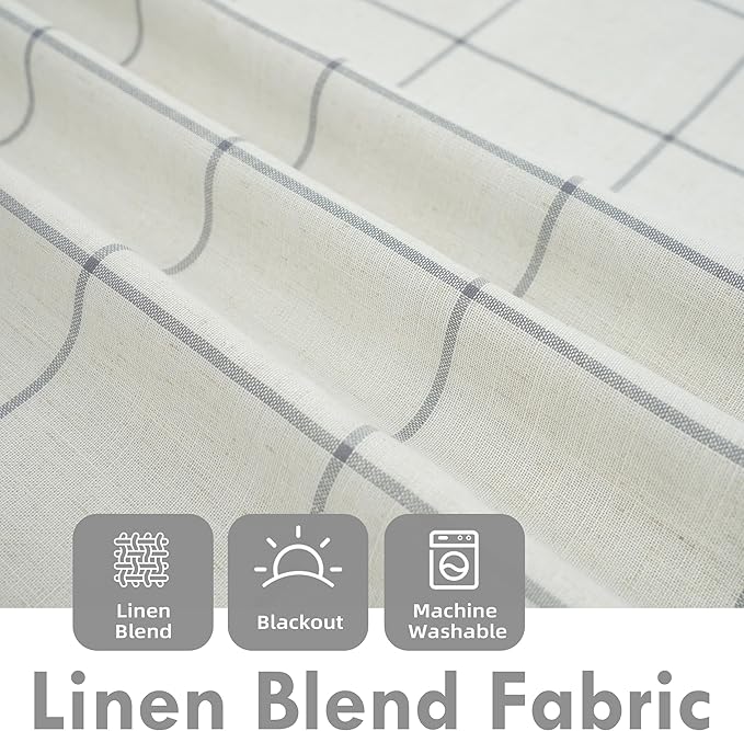 DriftAway 2 Panels 100% Blackout Windowpane Plaid Linen Curtains Double Layer Drapes for Bedroom 96 Inches Long Farmhouse Thermal Insulated 3.25 Inch Rod Pocket Back Tab for Living Room Gray