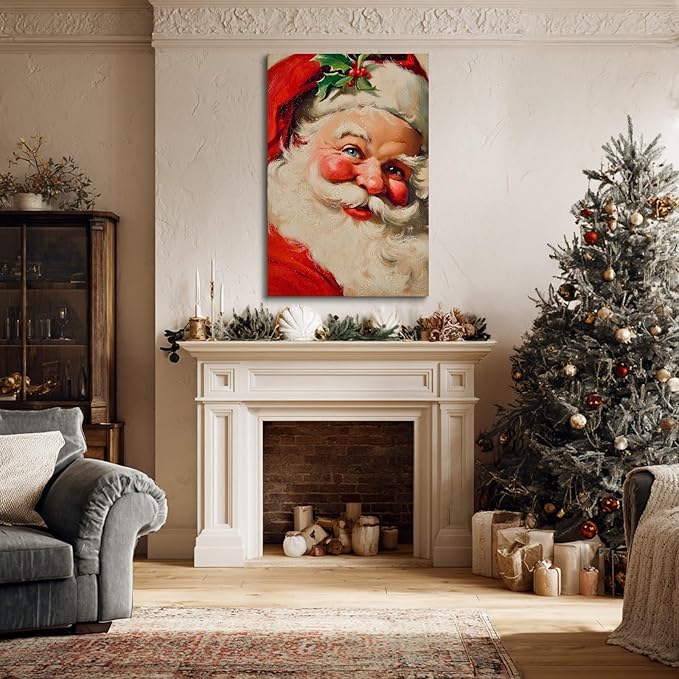 YONICA Christmas Canvas Wall Art Classic Santa 20x30 Inch Traditional Oil Painting Portrait - Large Framed Gallery Wrapped Living Room Art