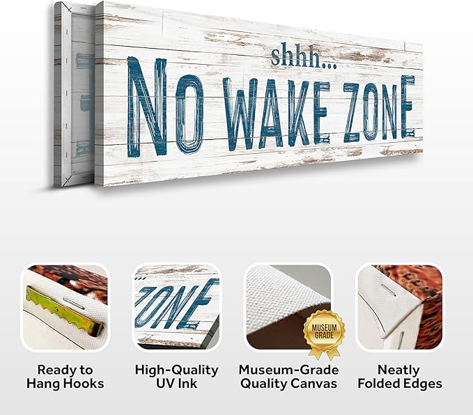 TAILORED CANVASES - No Wake Zone Sign, Charming Wall Decor for lakehouse and house, 'Shh No Wake Zone' Sign, Rustic Above Bed Decor, Lake House, Ideal Gift for Any Space 12x36