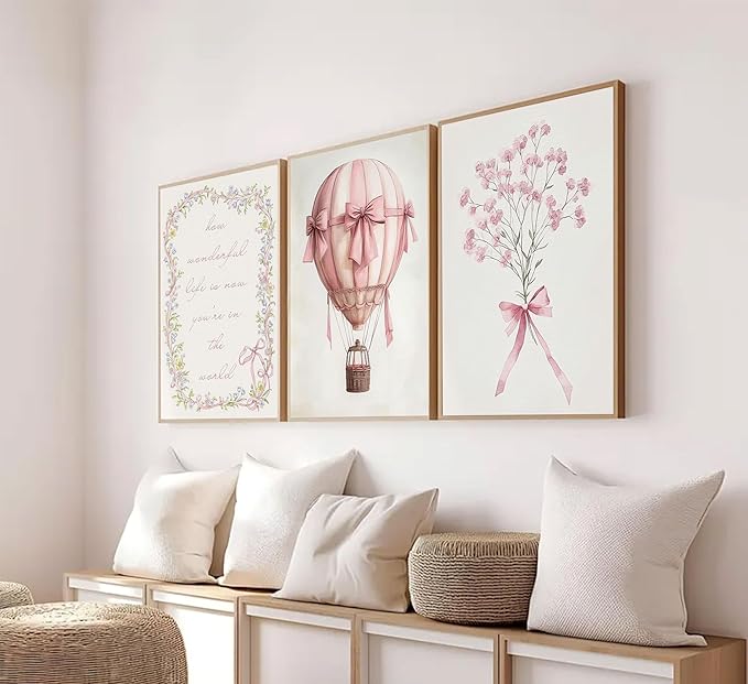 3Pcs Pink Nursery Wall Art Pictures Cute Baby Girls Room Posters Print Neutral Pink Bow Bouquet Hot Air Balloon Pastel Painting Wall Decor for Kids Room Little Girl Bedroom 16x24in Unframed
