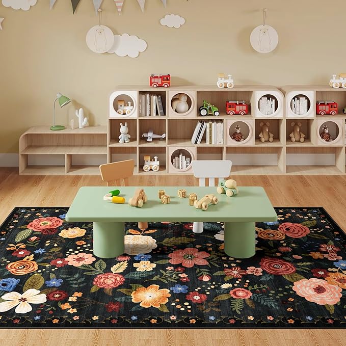 6x9 Washable Area Rug for Living Room, Floral Non-Slip Non-Shedding & Easy Care, Soft Low Pile Vintage Indoor Floor Carpet for Living Room, Bedroom, Farmhouse, Dining Room, Kids Playroom, Black