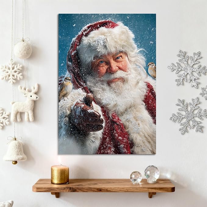 YONICA Christmas Canvas Wall Art Snowy Santa 12x16 Inch Winter Scene with Birds and Snowfall - Large Framed Gallery Wrapped Nature Theme