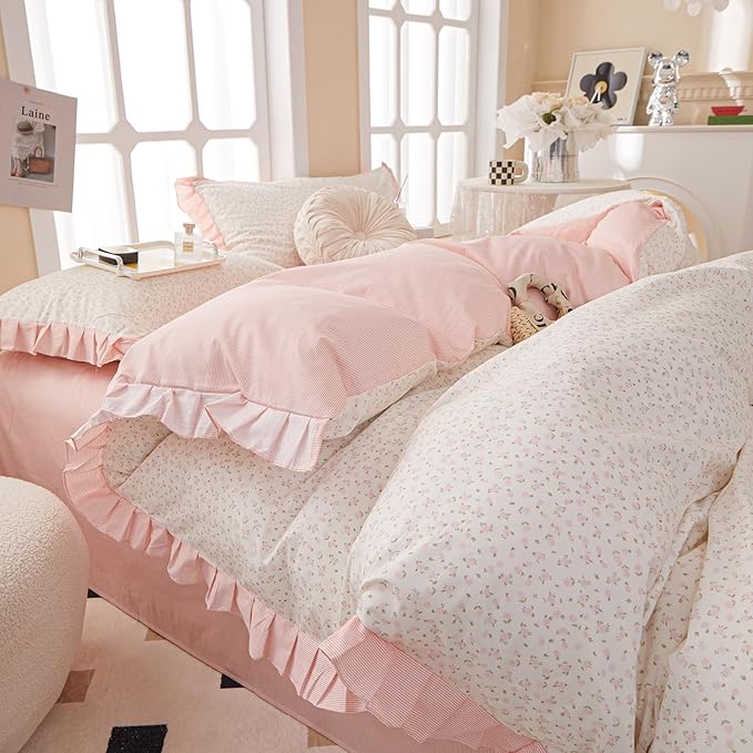 Pink Flower Duvet Cover Twin XL 3 Pieces Ruffle Floral Duvet Cover Girls Cottagecore Bedding Set Soft 100% Cotton Floral Lace Comforter Cover Vintage Botanical Flower Bedding Cover with Zipper Closure