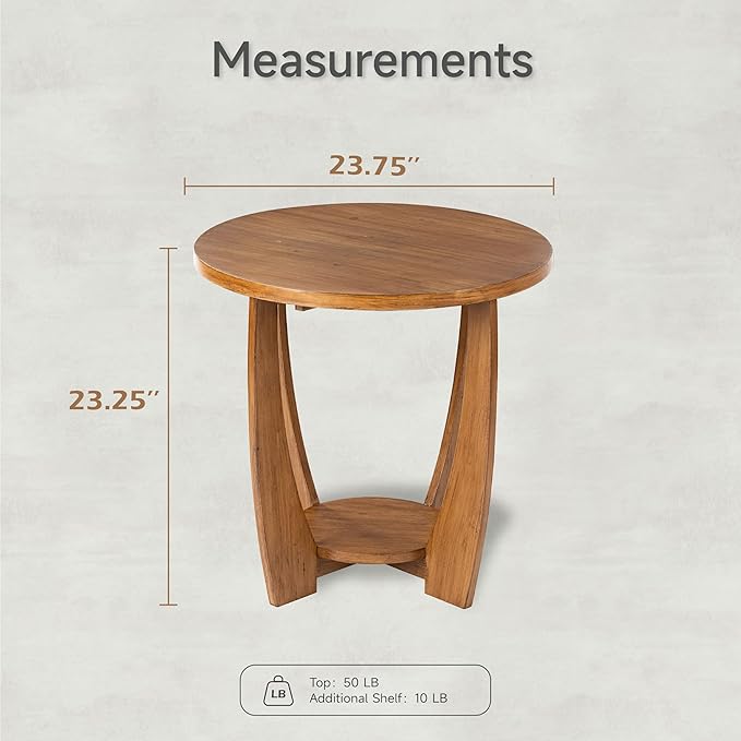 COZAYH Rustic Farmhouse End Table with Storage Shelf, French Country Accent Side for Family, Dinning or Living Room, Small Spaces, Modern, Round, Vintage Caramel Brown Finish