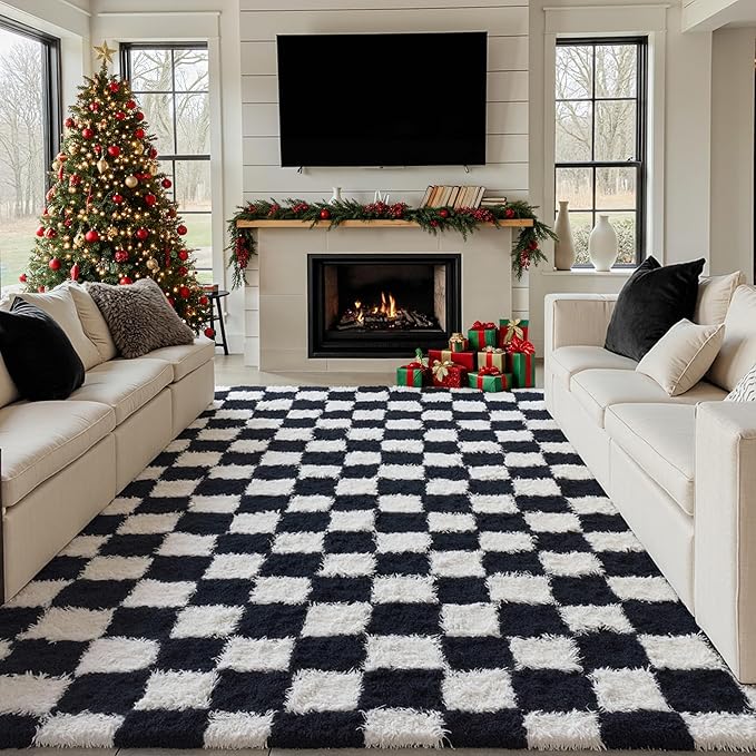 Checkered Rug 6x9 for Living Room, Black and White Modern Shag Rug Washable Non-Slip Large Area Rug Super Soft Indoor Fuzzy Carpet Fluffy Rugs for Bedroom Home Aesthetic Decor