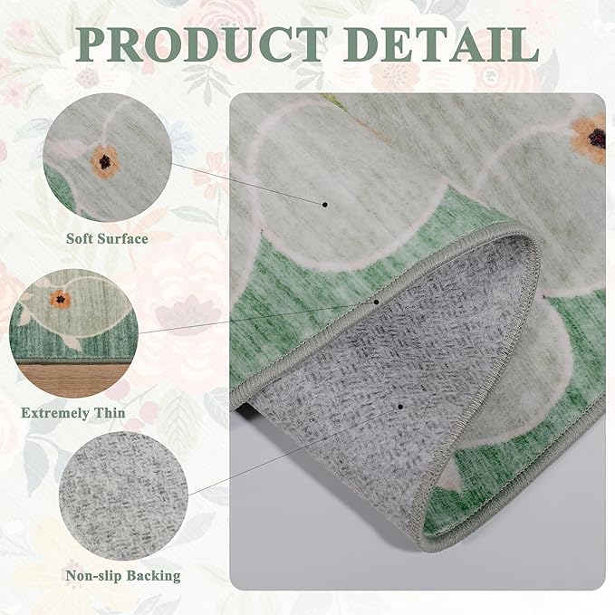 DUKINO 6x9 Area Rug, Floral Rugs for Living Room, Lightweight Non Slip Washable Rug, Indoor Low Pile & Non-Shedding Boho Design Rugs for Bedroom, Living Room, Dining Room, Green