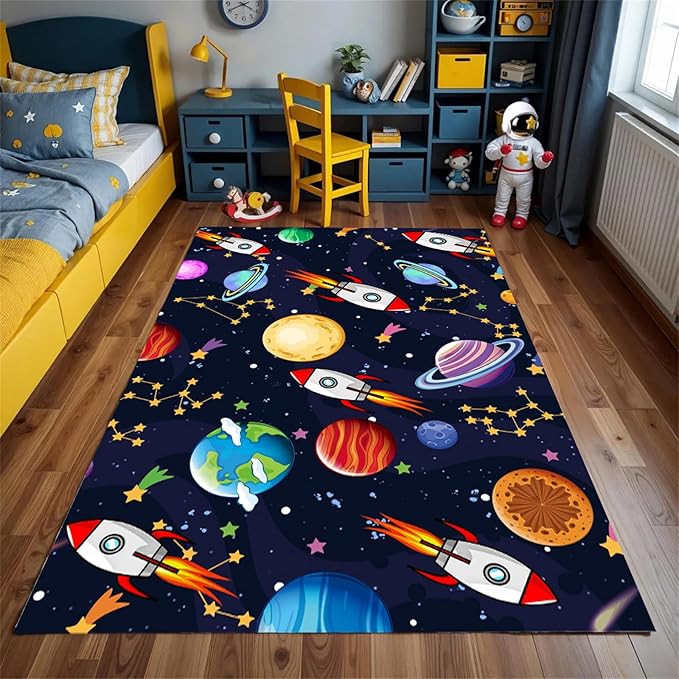 Outer Space Themed Rug,6x8ft,with Cartoon Planets,Stars and Rocket Design Rugs, Suitable for Playroom Bedroom Printed Rug, Non-Slip Machine Washable Carpet, Children's Room Decor