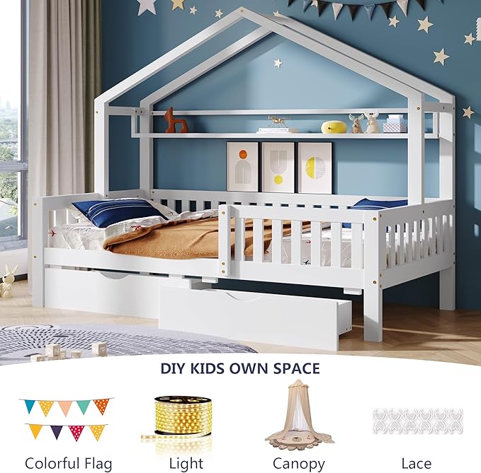 Aoowow Full Size House Bed with Storage Drawers and Shelf, Kids Twin Bed Frame Wooden Platform Bed with Guardrails and Slats for Boys Girls Teens for Bedroom(White)