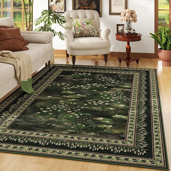 Rugcomf 6x9 Area Rugs Impressionist-Style Vintage Washable Rug Non Slip Low Pile Large Rug for Living Room Bedroom Farmhouse Dining Room Kids Playroom, Green
