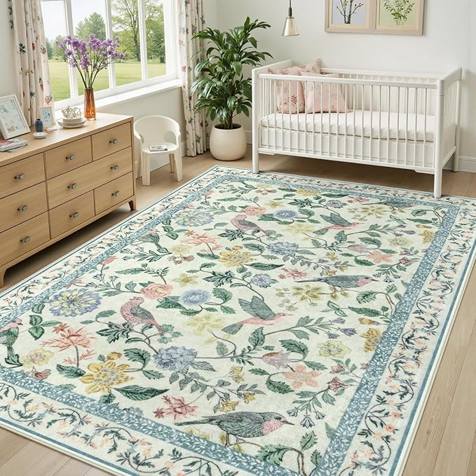 Green Floral 5x7 Area Rug, Washable Non-Slip Boho Rugs for Living Room Low Pile Flower Birds Bedroom Rug, Soft Non-Shedding Botanical Indoor Carpet for Nursery Playroom Dining Room