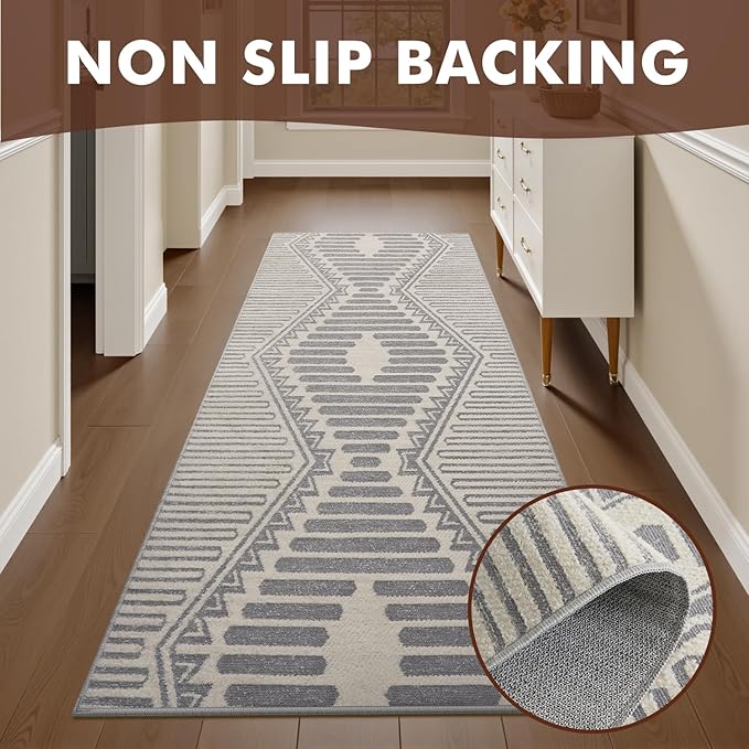 Silver Grey Boho 2x6 ft Runner Textured Tufted Rugs for Hallway Kitchen Bedroom Entryway Long Non Slip-Carpet Washable Neutral Modern Geometric Moroccan Aztec Rug