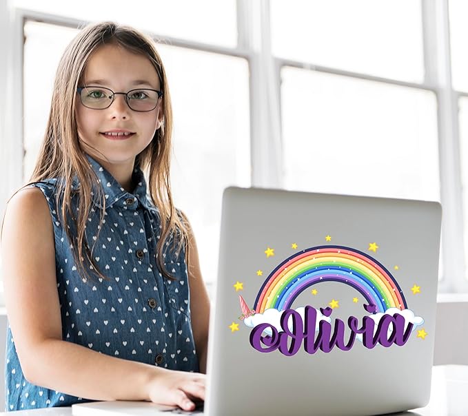Custom Name Rainbow Wall Decal for Girls - Personalized Name Stars Clouds Sticker - Rainbow Wall Decal - Cute Unicorn Sticker for Kids Decor- Removable Vinyl for Nursery Decor (Tiny Wide 8"x5" Height)
