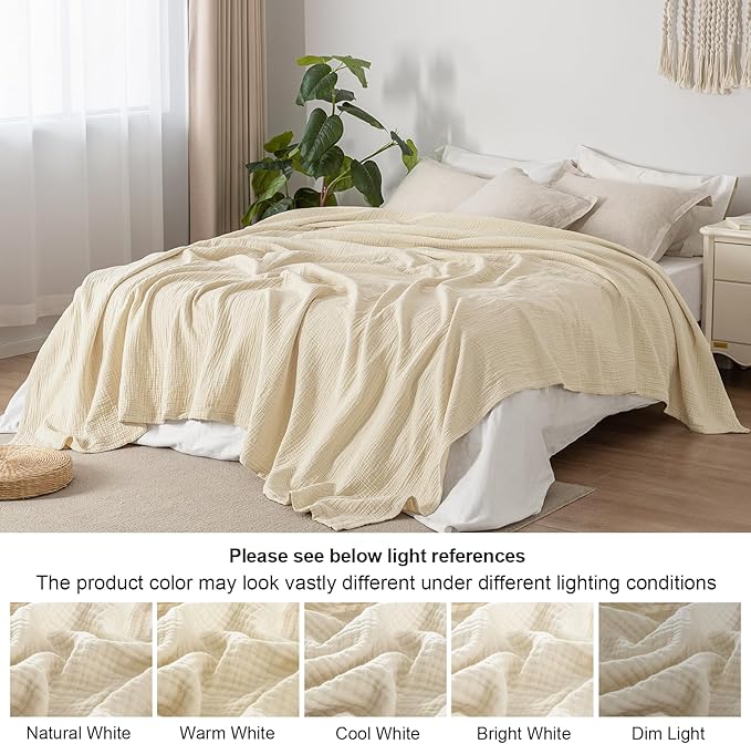 PHF 100% Cotton Muslin Blanket King Size 108"x90", 4-Layer Lightweight Gauze Throw, Breathable Cloud-Soft Minimalist Blanket for Bed, Couch, Camping & Baby, Beige/Short Bread, Ideal Gift