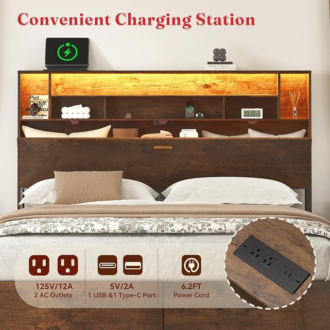 Queen Bed Frame with Large Headboard Storage, Bed Frames with 2 Under Bed Drawers, Built-in LED Lights Charging Station, Easy Assembly, Brown