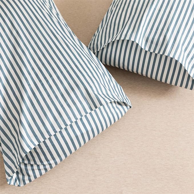 JELLYMONI 100% Natural Cotton 3pcs Striped Duvet Cover Sets,White Duvet Cover with Grayish Blue Stripes Pattern Printed Comforter Cover,with Zipper Closure & Corner Ties(Full Size)