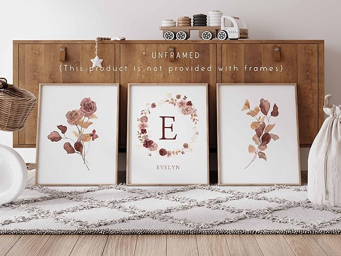Personalized Name Flower Nursery Wall Art Prints, Crib & Nursery décor, Newborn Baby Girl Gift Present, Floral Baby Girl Room Pictures, Poster For Baby And Kids (3 Prints, Flower 1)
