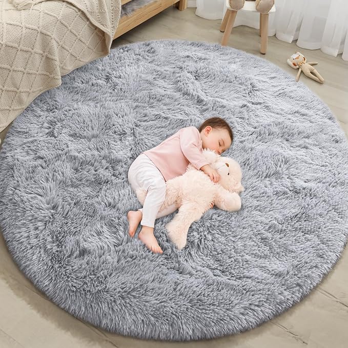 EVOIONOS Grey Round Rug for Bedroom, 5x5 Ft Fluffy Soft Circle Area Rugs for Living Room, Plush Shaggy Circular Carpet for Indoor Floor Bedside Kids Nursery, Machine-Washable Home Decor Aesthetic