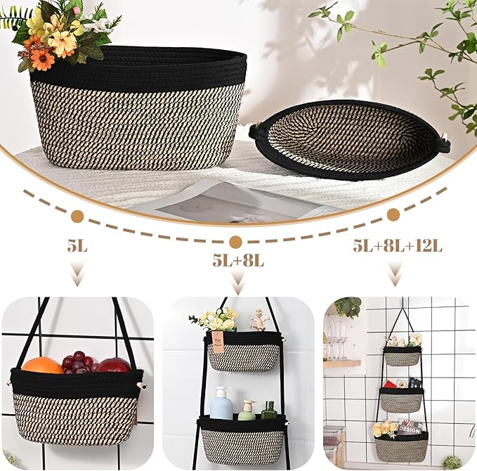 Hanging Storage Baskets, 3-Tier Over the Door Basket, Cotton Wall Baskets Storage, Detachable Hanging Door Basket with 4 Hooks, Over the Door Organizer Nursery for Bedroom, Living Room, Bathroom Wall