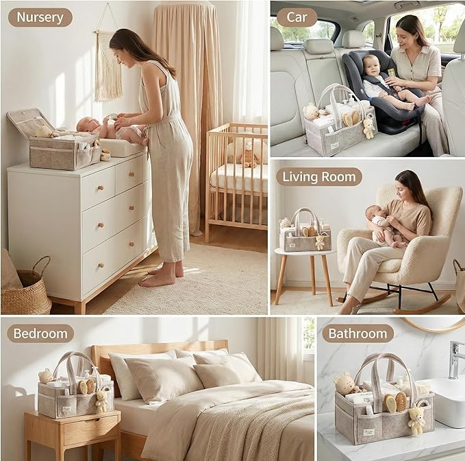 PeraBella XL Diaper Caddy Organizer With Handle, Baby Shower Gifts Basket Bag, Registry Search Must Haves Items, Newborn Girl Boy Nursery Storage Organizer, Baby Bag Essentials, Car Diaper Caddy Cart