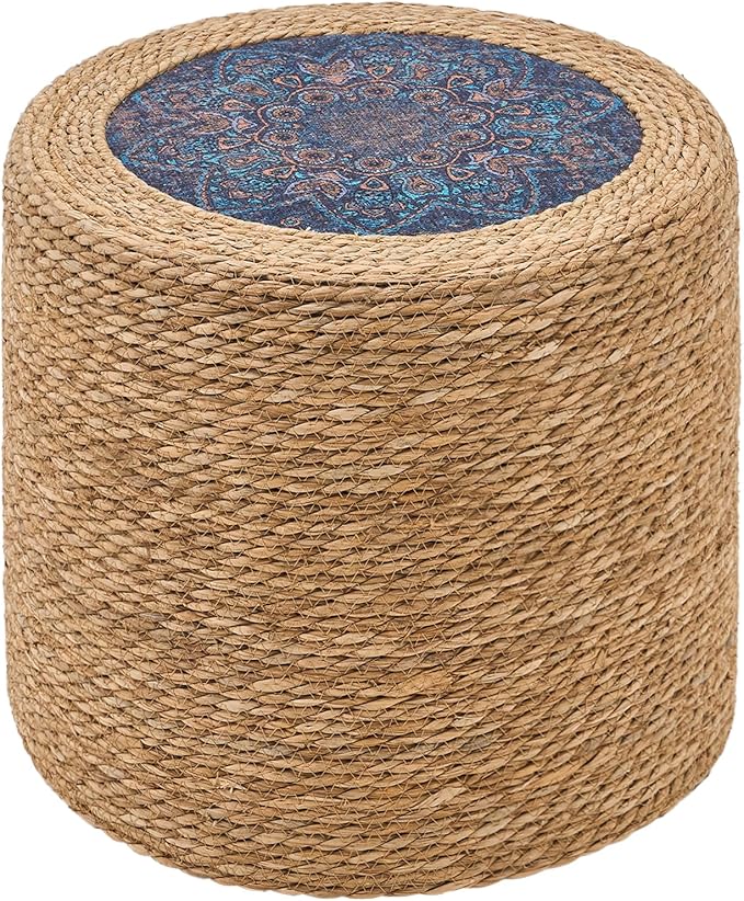 Wimarsbon 18'' Ottoman Pouf, Natural Braided Poof, Rustic Handweave Lounge Pouffe, Boho Footrest Stool for Bedroom, Accent Table for Living Room (18inch Natural Cattail-Boho Style 3)