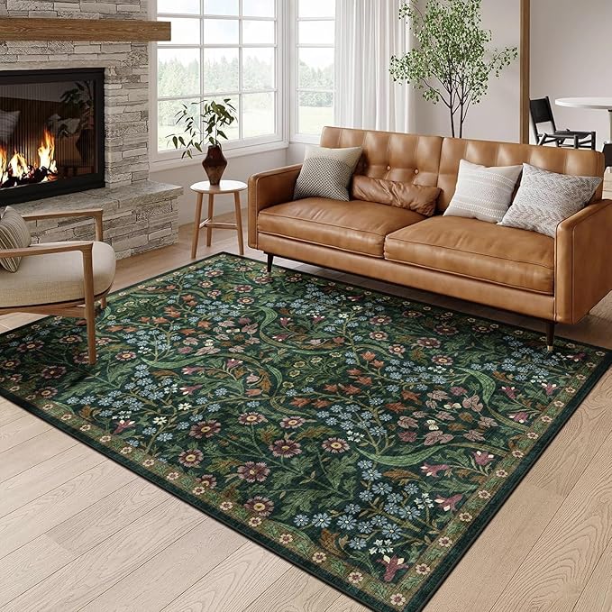 5x7 Washable Area Rug for Living Room, Floral Non-Slip Non-Shedding & Easy Care, Soft Low Pile Forest Boho Indoor Floor Carpet for Living Room, Bedroom, Farmhouse, Dining Room, Kids Playroom, Green