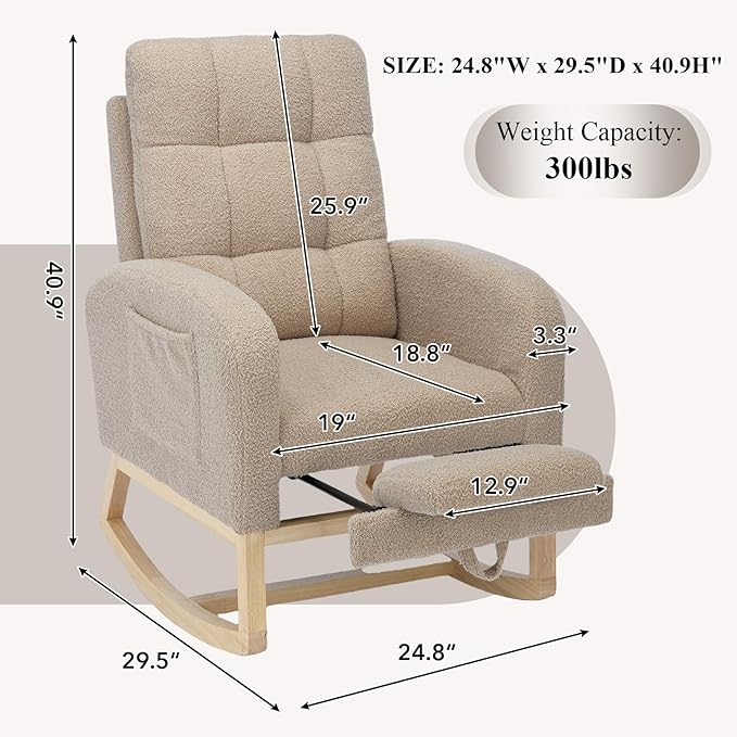 Nursery Rocking Chair, Polyester Upholstered Glider Chair with Footrest, Comfy Rocker Chair, Accent Chair with High Backrest, Glider Rocker, Armchair for Living Room (Brown Teddy)