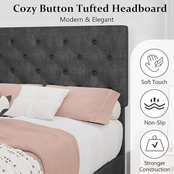 BarnFurin Full Size Bed Frame with Headboard, Upholstered Platform Bed with Adjustable Button Tufted Headboard, Fabric Bed Frame with Wooden Slats Support, No Box Spring Required, Light Grey