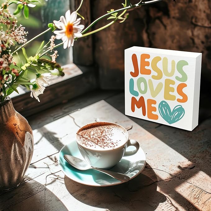 Baby Girl Nursery Christian Wood Box Sign, Christian Toddler Room Decor, Kids Bible Verse Decor, Jesus Loves Me Wooden Box Sign for Tabletop Shelf Home Desk 5x5 Inch