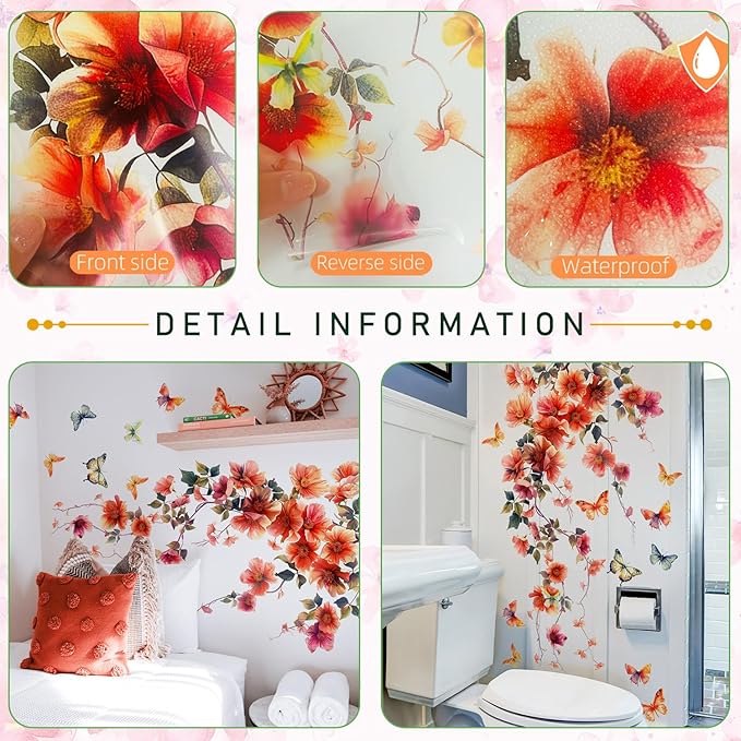 2 Sheets Removable Hanging Red Vine Flowers Wall Decal DIY Colorful Flying Butterfly Wall Decal Self-Adhesive Art Decor for Girls Room Living Room Bedroom Office TV Backdrop Home Decor