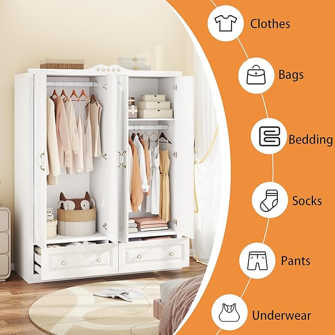 Wardrobe Closet for Hanging Clothes: Armoire Wardrobe Closet with Drawers, Bedroom Armoires with Doors and Shelves, Modern Clothing Cabinet with Hanging Rod (White, 59")