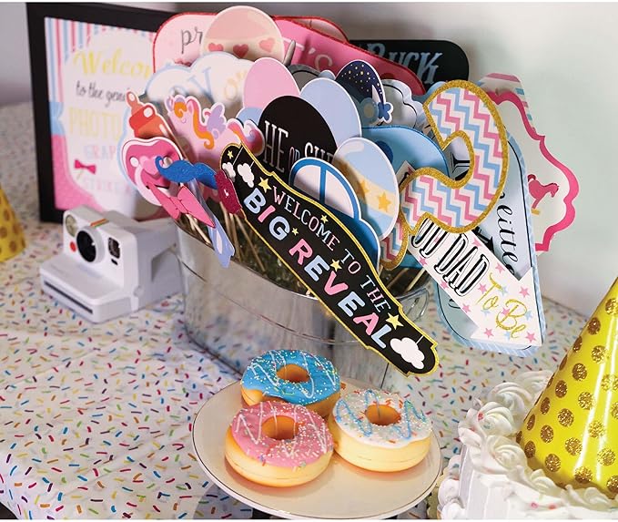 Gender Reveal Photo Booth Props - 41-pc Photobooth Kit with 8 x 10-Inch Sign, 60 Adhesive Pads, 45 Sticks - Baby Gender Reveal Party Supplies for Backdrop