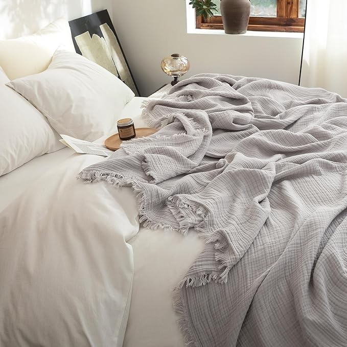 FOSSA Muslin Blanket with Fringe - 4-Layer 100% Cotton Gauze Super Soft & Breathable Throw -Lightweight Decorative Cooling Blanket for Bed, Sofa, Office -Throw XL Size 70" x 50" (Grayish)
