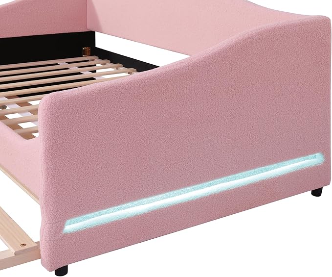Merax Twin Size Upholstered Daybed with Light and Trundle, Pink Teddy Fleece Sofa Bed Modern Wooden Platform Bed Frame for Bedroom, Living Room, Guest Room, Apartment
