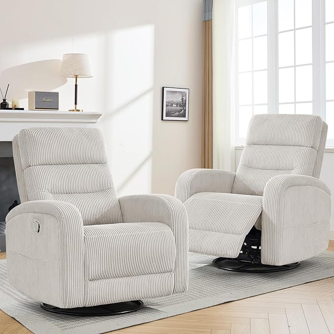 Swivel Recliner Chair for Adult, Upholstered Rocker Recliner Glider for Nursery, Manual Comfort Rocking Recliners for Living Room, Bedroom, Corduroy Camel