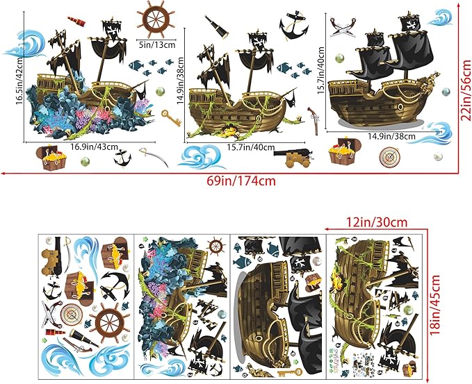4 Sheet Pirate Ship Wall Sticker Shipwreck Wall Decal DIY Self-Adhesive Waterproof Waves Treasure Fish Hook Pearl Coral Reef Wall Art Decoration for Bathroom Kids Boys Bedroom Playroom Nursery