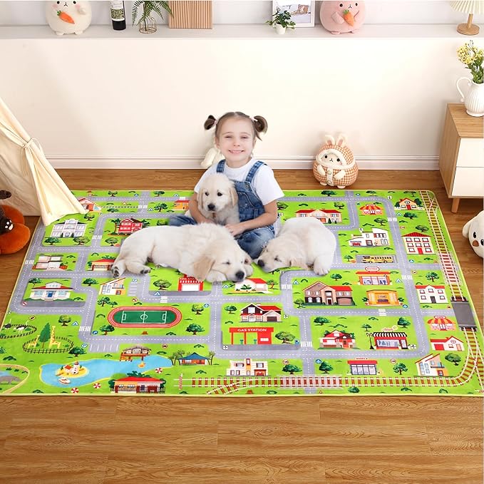 Kids Rug 5x7 Kids Carpet for Playroom Toddler City Traffic Road Print Mat Area Rug Soft Non Slip Fun Carpet for Children Nursery Playroom Classroom City Roads Learning Educational Rugs Grey