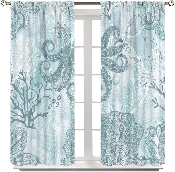 Coastal Window Curtains,Nautical Beach Themed Thermal Insulating Blackout Curtain for Living Room, Bedroom Set 2 Panels,63x72 Inches
